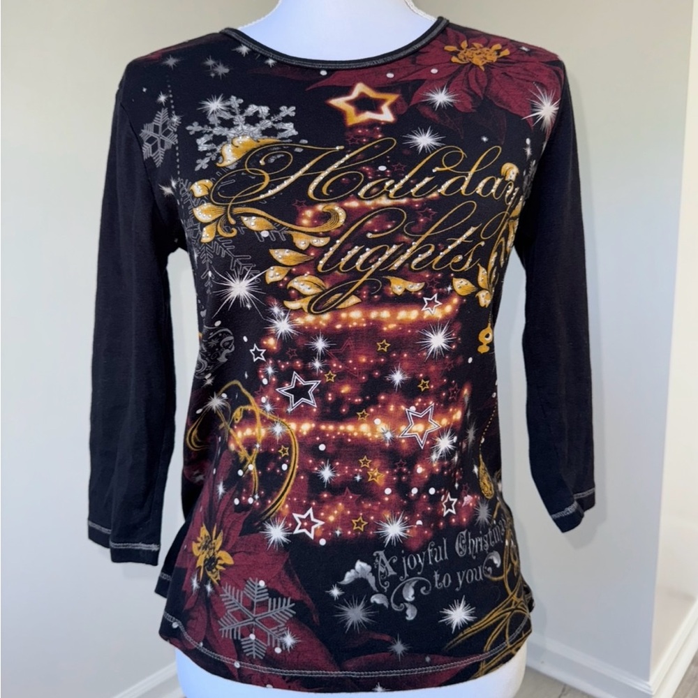 VTG Blue Canyon M Holiday Lights Christmas‎ Top 3/4 Sleeve Festive Graphic Tee